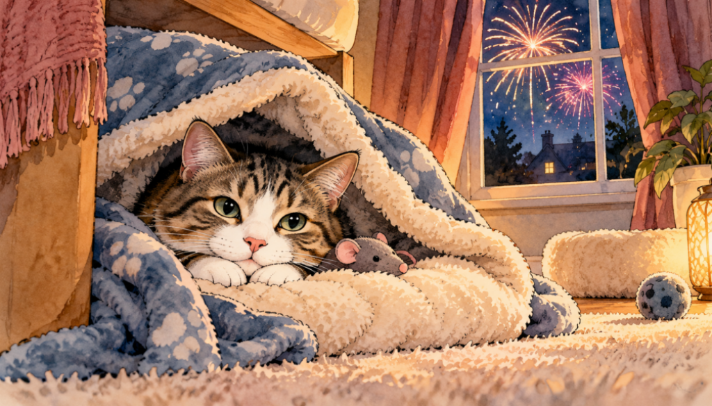 Cosy cat during fireworks